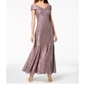 R & M Richards Off-the-Shoulder Lace Gown